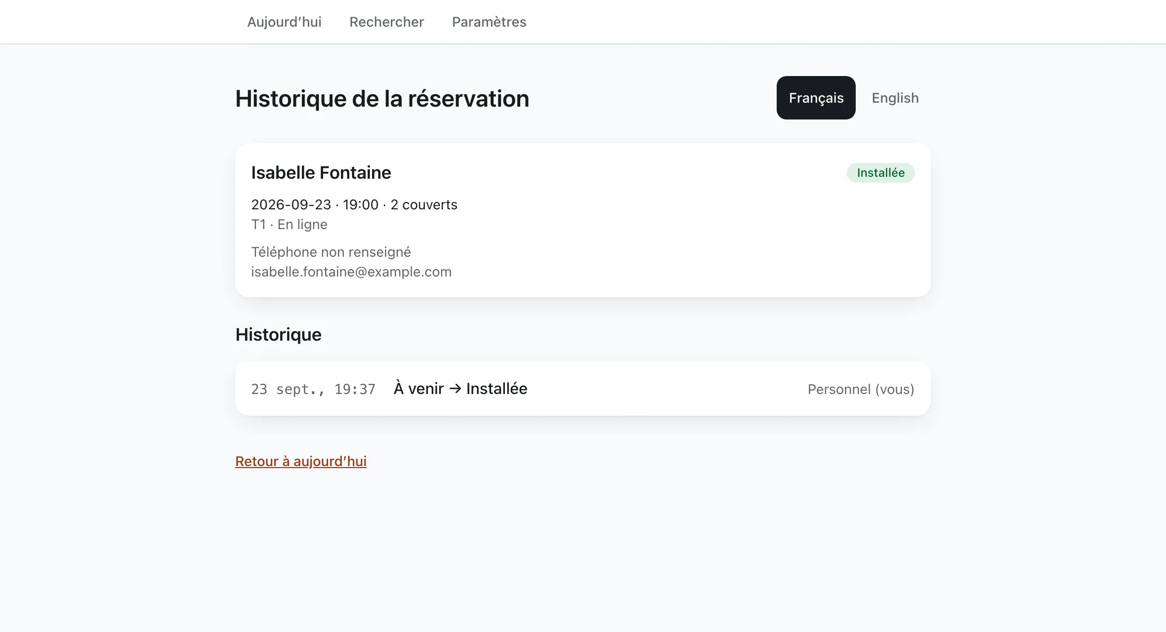L'historique d'une réservation, avec le passage de À venir à Installée horodaté et attribué