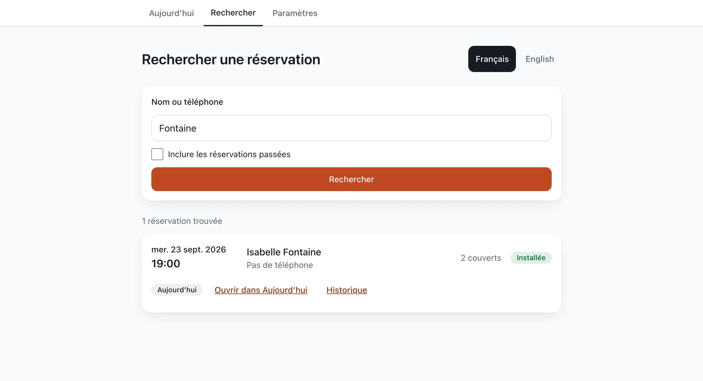 La recherche d'une réservation par nom, avec un résultat trouvé