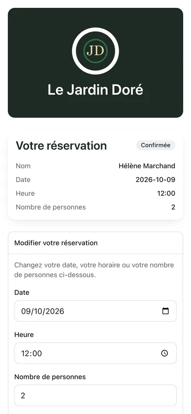 La page où le client retrouve sa réservation pour la modifier ou l'annuler, ouverte depuis le lien de l'e-mail